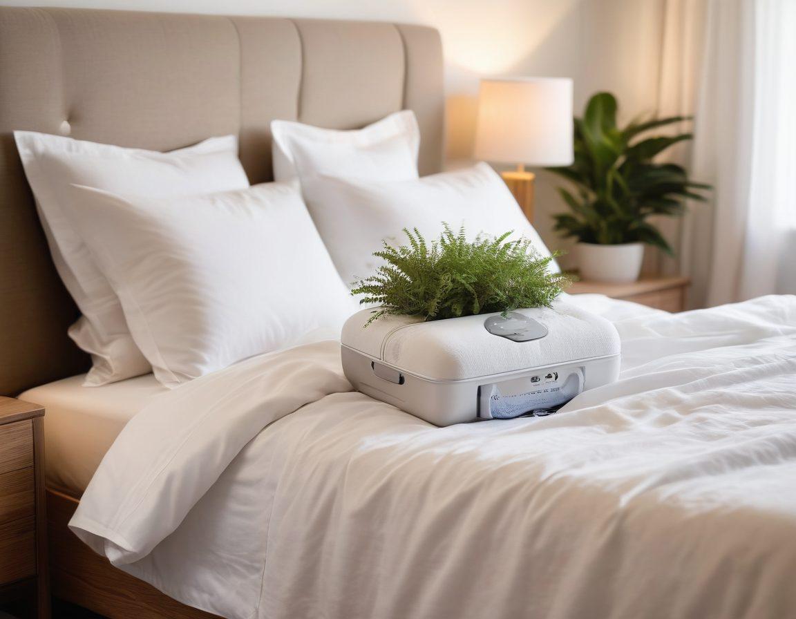 A peaceful bedroom scene featuring a cozy bed with soft linens, a bedside table with a CPAP machine, and calming decorations like plants and soft lighting. A person peacefully sleeping with a CPAP mask, illustrating comfort and tranquility. The atmosphere is serene, conveying the benefits of better sleep through therapy. dreamy and soothing colors, realistic style.