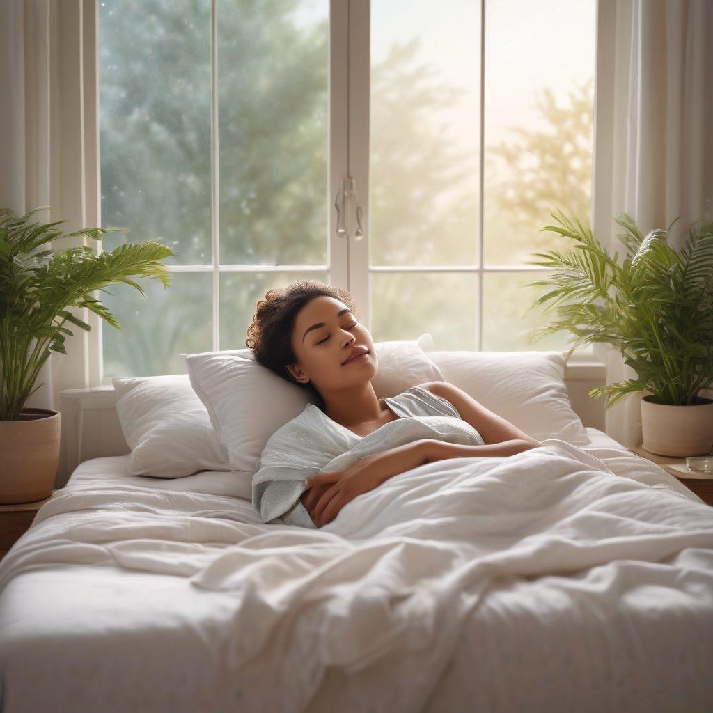 A serene bedroom scene with a comfortable bed adorned in soft, breathable fabrics, a sleeping person wearing a CPAP mask. Gentle night light casting soothing shadows, with a window showing a calm night sky filled with stars. Elements like a bedside table with a glass of water and a small plant for freshness. Emphasize relaxation and comfort to convey the essence of managing sleep apnea. soft pastel colors. cozy atmosphere. super-realistic.
