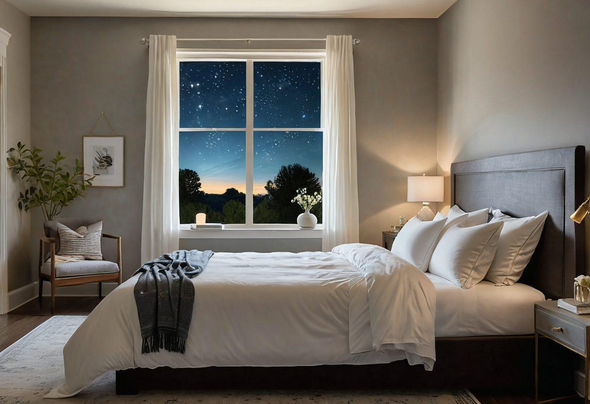A serene bedroom scene featuring a cozy bed with soft linens and a PAP device gently glowing beside it. The room is adorned with peaceful colors and includes a nightstand with a book on sleep health. A window shows a tranquil night sky with stars visible, creating a calming atmosphere that emphasizes restful sleep. super-realistic. soothing colors. warm lighting.